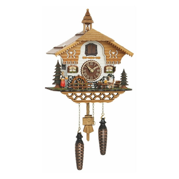 Quartz Cuckoo Clock Black Forest house with moving beer drinker and mill wheel, with music TU 4214 QM