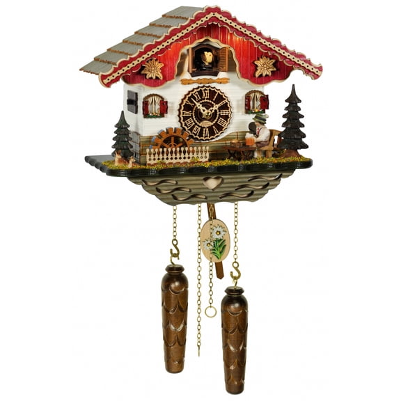 Quartz Cuckoo Clock Black Forest house with moving beer drinker and mill wheel, with music and light