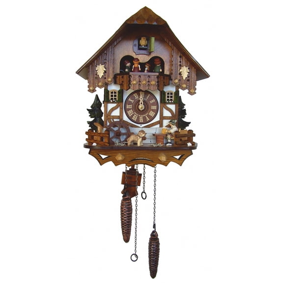 Quartz Cuckoo Clock Black Forest house with moving beer drinker and mill wheel