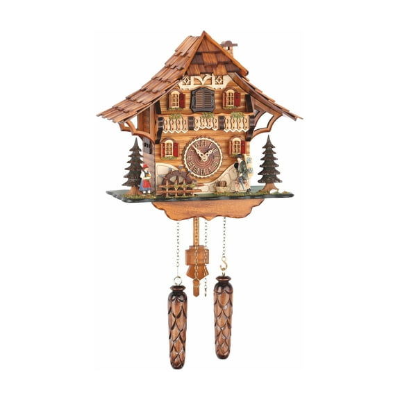 Quartz Cuckoo Clock Black Forest house with moving mill wheel and clock peddler, with music TU 478 QM HZZG