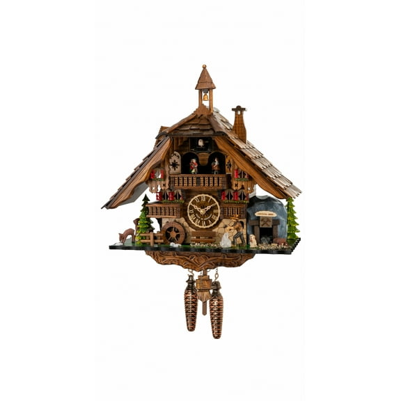 Quartz Cuckoo Clock Black Forest house with moving miner and mill wheel, with LED-light and music
