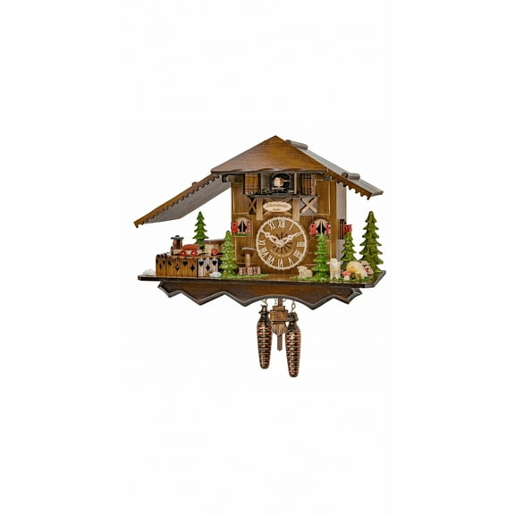 Quartz Cuckoo Clock Black Forest house with moving train, with music