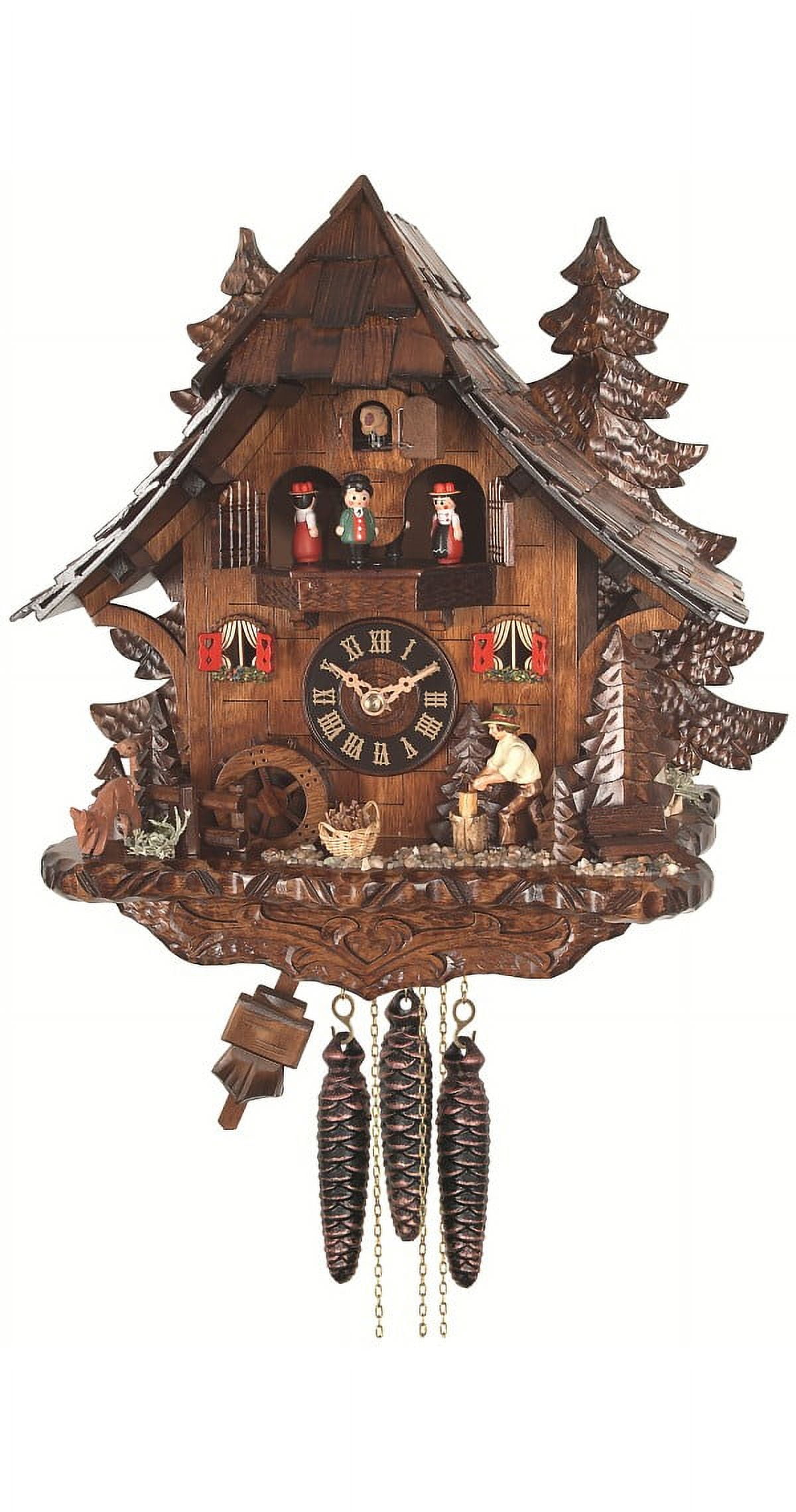 Quartz Cuckoo Clock Black Forest house with moving wood chopper and