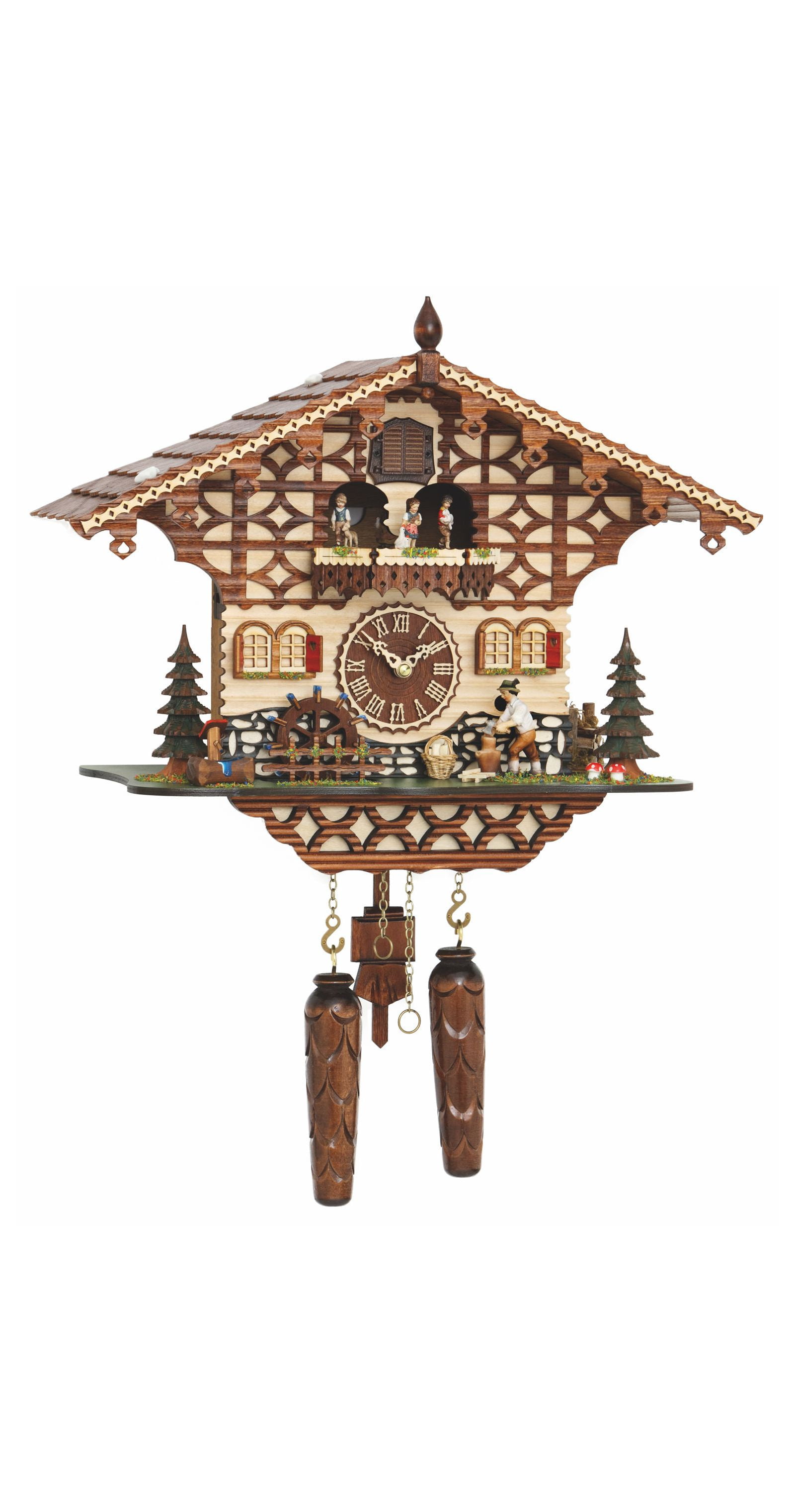 Quartz Cuckoo Clock Black Forest house with moving wood chopper and