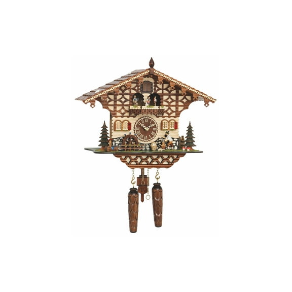 Quartz Cuckoo Clock Black Forest house with moving wood chopper and mill wheel, with music TU 4212 QMT HZZG
