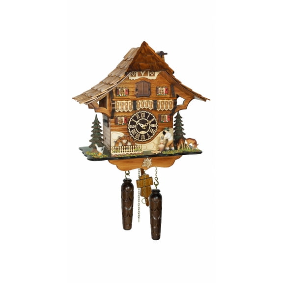 Quartz Cuckoo Clock Black Forest house with moving wood chopper and mill wheel, with music TU 4290 QM HZZG