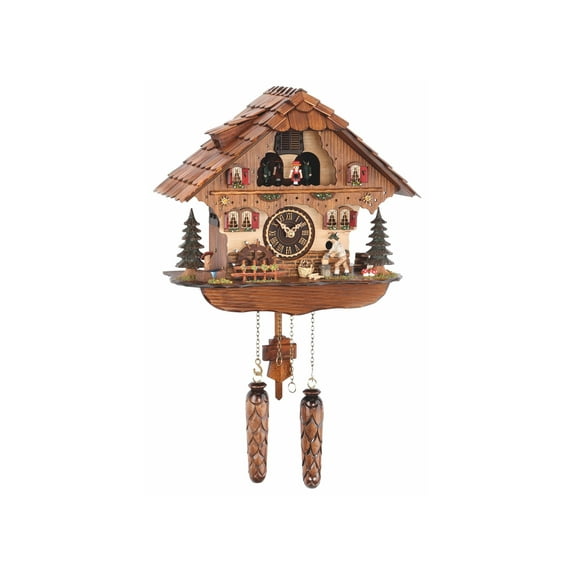 Quartz Cuckoo Clock Black Forest house with moving wood chopper and mill wheel, with music TU 484 QMT HZZG