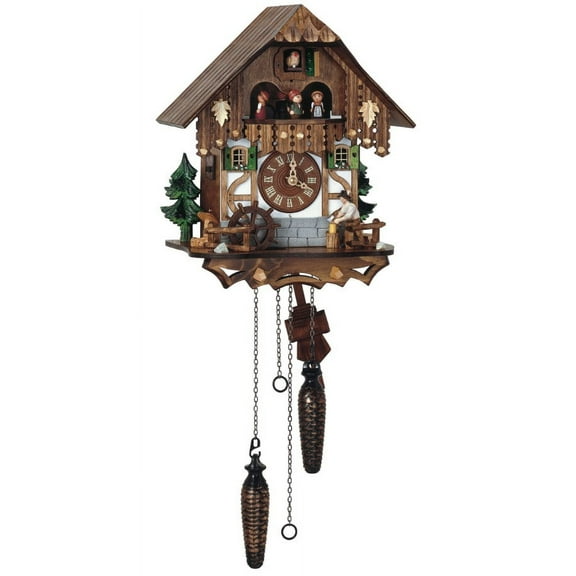 Quartz Cuckoo Clock Black Forest house with moving wood chopper and mill wheel, with music