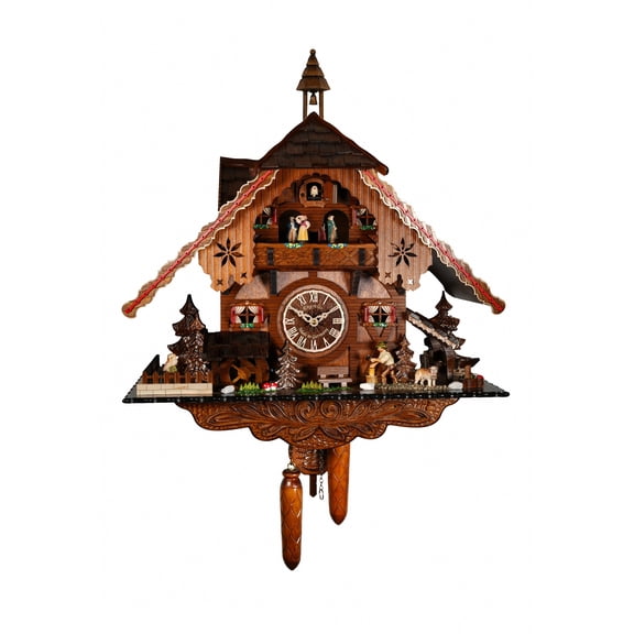 Quartz Cuckoo Clock Black Forest house with moving wood chopper and mill wheel, with music