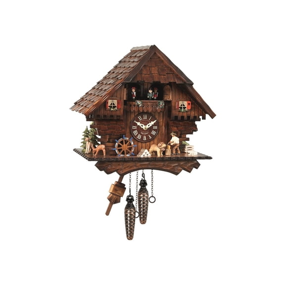 Quartz Cuckoo Clock Black Forest house with moving wood chopper and mill wheel, with music