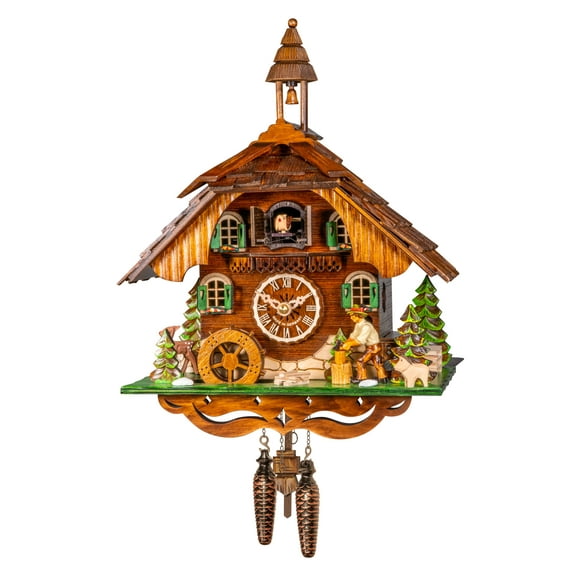 Quartz Cuckoo Clock Black Forest house with moving wood chopper and mill wheel, with music