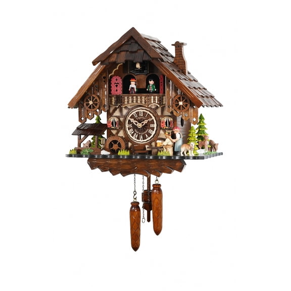 Quartz Cuckoo Clock Black Forest house with music, turning mill-wheel, the beerdrinker and the Black Forest Girl lift their arm from ISDD