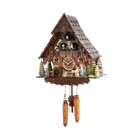 Quartz Cuckoo Clock Black Forest house with music, turning mill-wheel, the beerdrinker and the Black Forest Girl lift their arm from ISDD