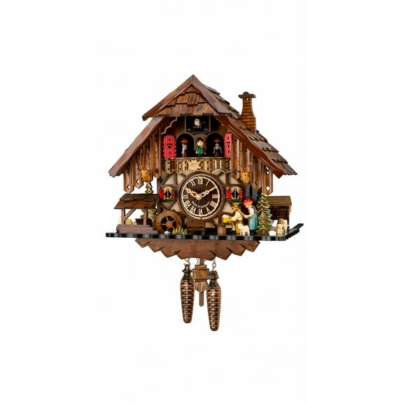 Quartz Cuckoo Clock Black Forest house with music, turning mill-wheel, the beerdrinker and the Black Forest Girl lift their arm