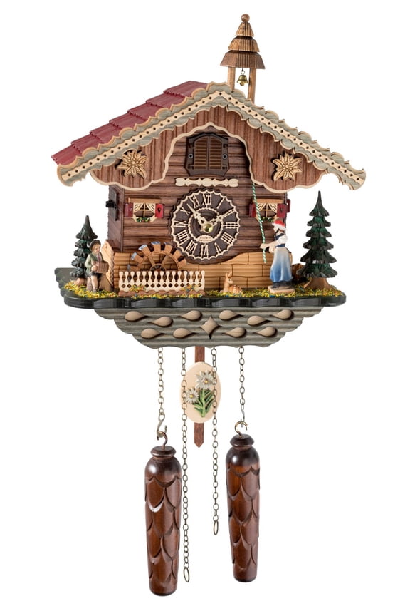 Quartz Cuckoo Clock Black forest house, turning mill-wheel and moving bell ringer
