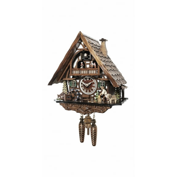 Quartz Cuckoo Clock Black forest house with music and dancers, moving wood chopper