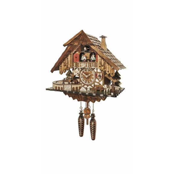Quartz Cuckoo Clock Black forest house with music, dancers and moving train EN 48710 QMT