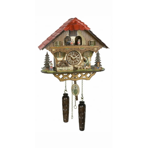 Quartz Cuckoo Clock Black forest house with music, moving clock peddler and mill-wheel TU 4240 QMT HZZG