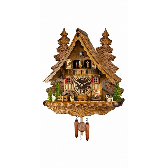 Quartz Cuckoo Clock Black forest house with music, moving seesaw and mill wheel
