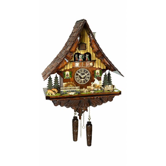Quartz Cuckoo Clock Black forest house with music, moving wood chipper, turning water milll and dancers