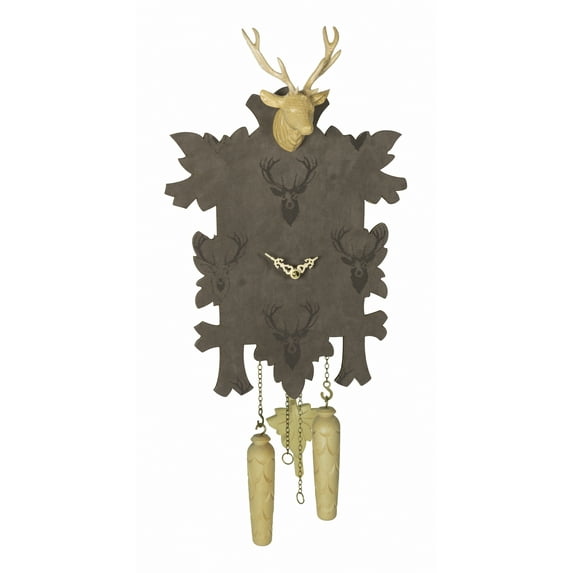 Quartz Cuckoo Clock with ornament of fabric 5 leaves, head of a deer, with music