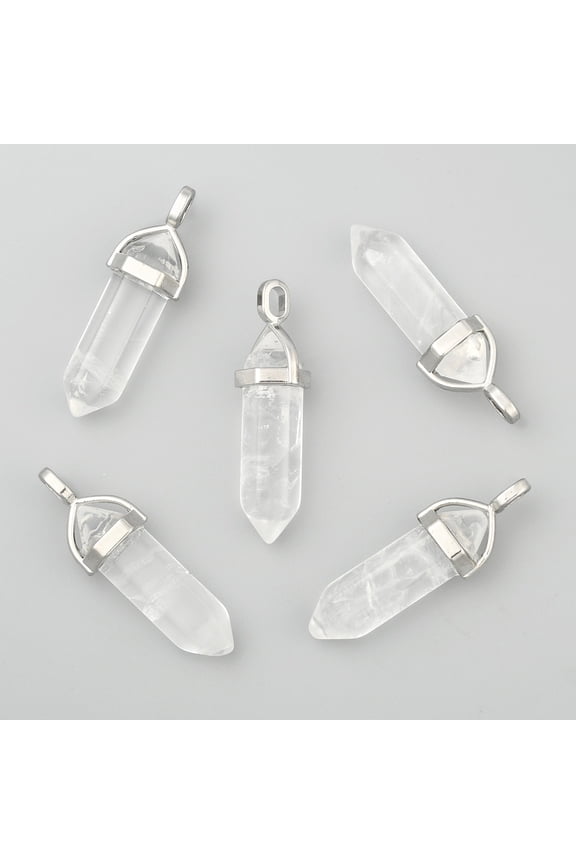 Quartz Double Terminated Pointed Pendants Rock with Random Alloy Pendant Bead Cap Bails Platinum