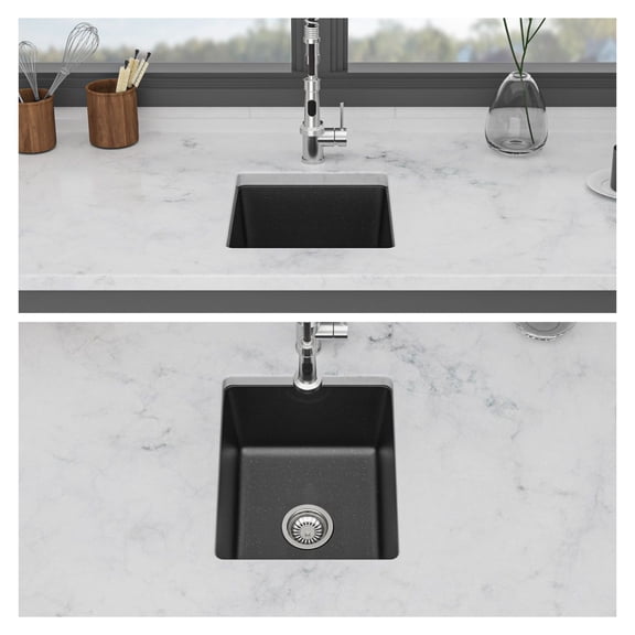 Quartz Kitchen Sink 17.55x14.82 Inch, Undermount Single Bowl, Black Composite Granite Sink, w/Accessories - Kitchen Renovation