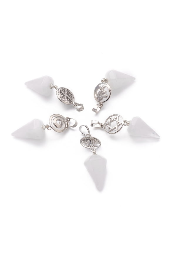 Quartz Pendants Rock Pendants with Platinum Brass Snap on Bails Votex/Om Symbol/Tree of Life/Flower of Life/Star of David Cone Pendulum 48mm Hole: 8mm