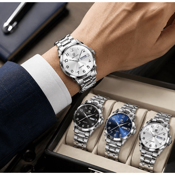 Quartz Watch For Men And Women With Day Date Display, Analog Wrist Watch With Large Number Dial And Silver Tone Metal Bracelet