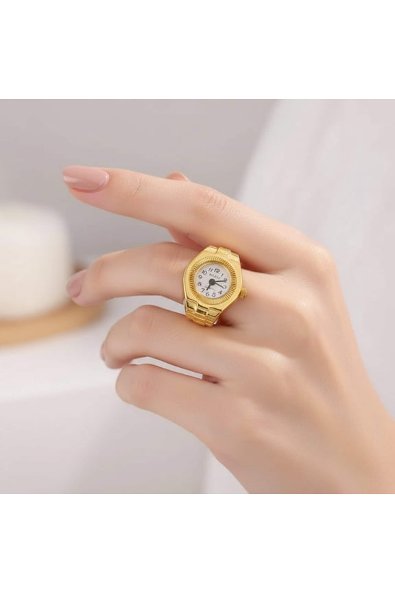 Quartz Watch Ring Goldtone White Face.