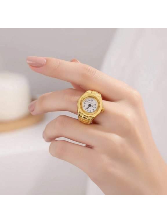 Quartz Watch Ring Goldtone White Face.