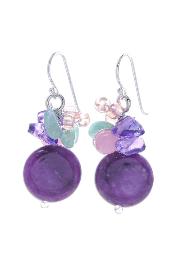 Quartz, glass and resin cluster earrings, 'Purple Perfect'