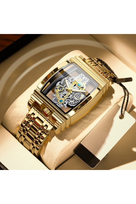 Quartz watch for men, fashionable barrel-shaped motorcycle gear bar-shaped hollow watch, tourbillon genuine leather watch, men's personalized waterproof luminous watch