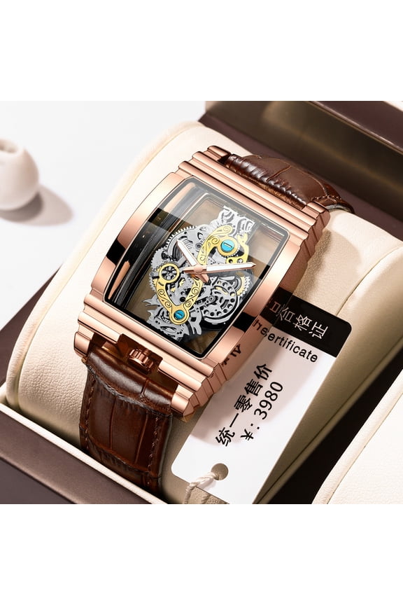 Quartz watch for men, fashionable barrel-shaped motorcycle gear bar-shaped hollow watch, tourbillon genuine leather watch, men's personalized waterproof luminous watch