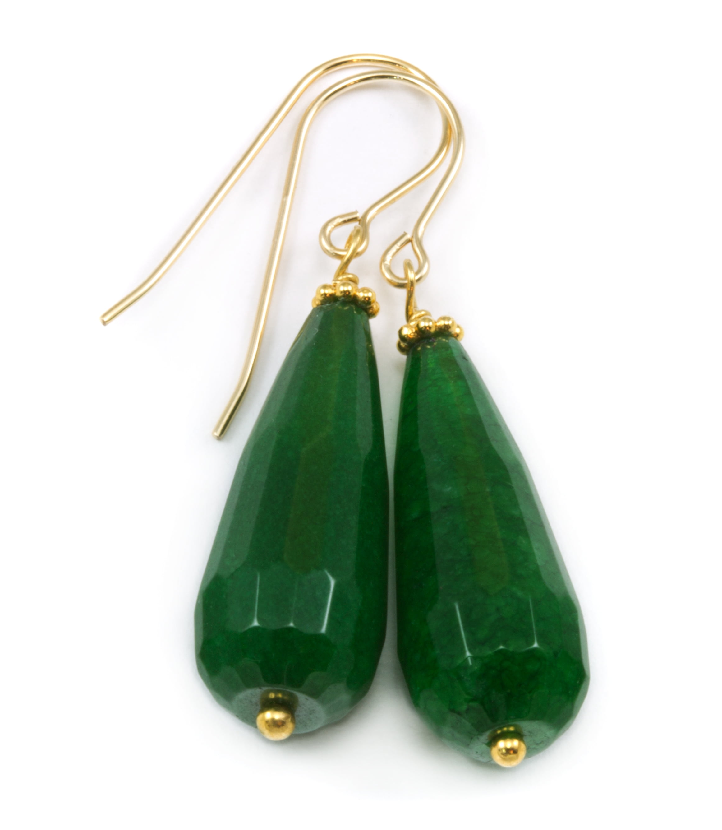 Quartzite Earrings Emerald Green Color Faceted Cut Rounded Long Teardrop 14k Yellow Gold Filled Spyglass Designs