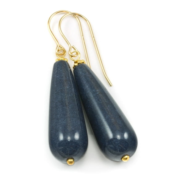 Quartzite Earrings Smoky Denim Blue Color Smooth Cut Rounded Long Teardrop 14k Yellow Gold Spyglass Designs