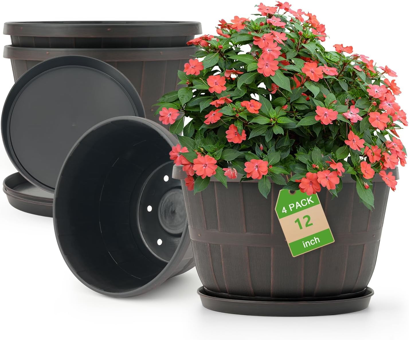 Quarut 10 inch Plastic Flower Pots for Indoor Plants，4 Pack Large ...