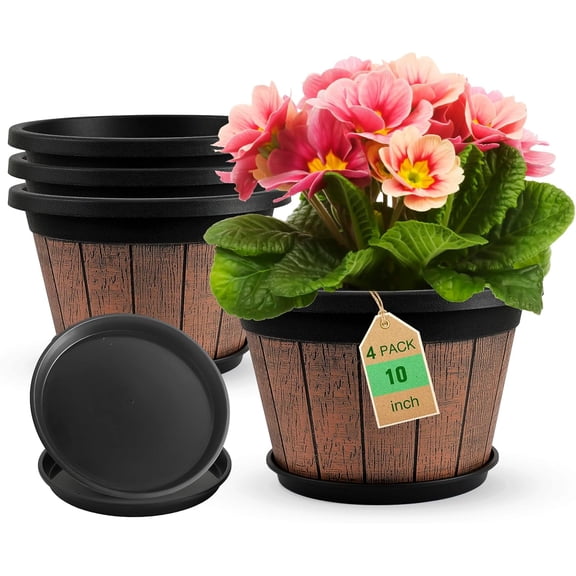 Quarut 4 Pack 10 inch Plant Pots,Upgrade Whiskey Barrel Planters with Drainage Holes & Saucer,Plastic Decoration Flower Pots Retro Design,Planters for Outdoor Indoor Garden Home Plants (Brown)