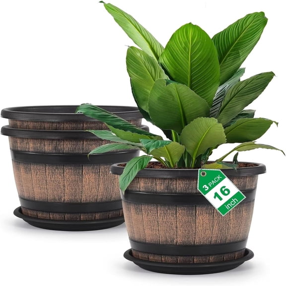 Large Plastic 3 Pack16 inch Plant Pots,Whiskey Barrel Planters with Drainage Holes & Saucer.Flower Pots Imitation Wine Barrel Design for Indoor & Outdoor Garden Balcony Plants.7 Gallons(Brown)