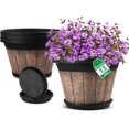 thumbnail image 1 of Plant Pots Set of 4 Pack 12 inch,Large Whiskey Barrel Planters with Drainage Holes & Saucer.Plastic Flower Pots Imitation Wine Barrel Design, for Indoor & Outdoor Garden Home Plants (Brown), 1 of 6