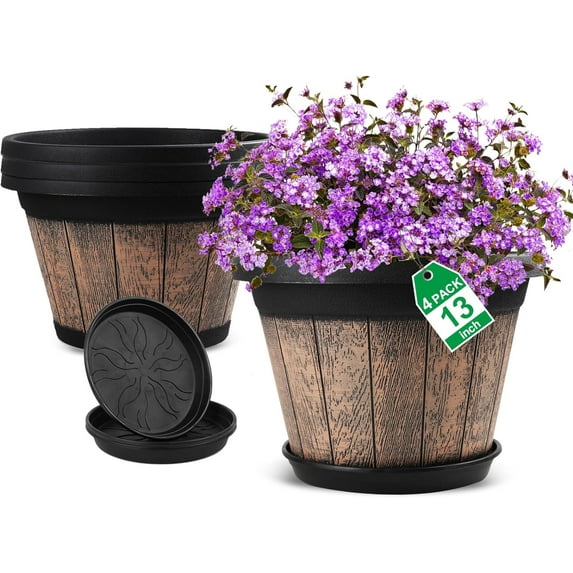 Plant Pots Set of 4 Pack 12 inch,Large Whiskey Barrel Planters with Drainage Holes & Saucer.Plastic Flower Pots Imitation Wine Barrel Design, for Indoor & Outdoor Garden Home Plants (Brown)