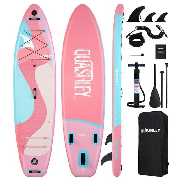 Quashley Pink Inflatable Paddle Board 10'6" x 33" Wide SUP with Paddle, Pump, Backpack & Leash