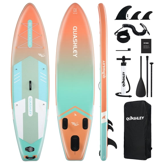Quashley Inflatable Stand up Paddle Board, 11 ft x 34 inch Wide All-Around SUP Board for Beginners with Paddle, Hand Pump, Backpack and Leash