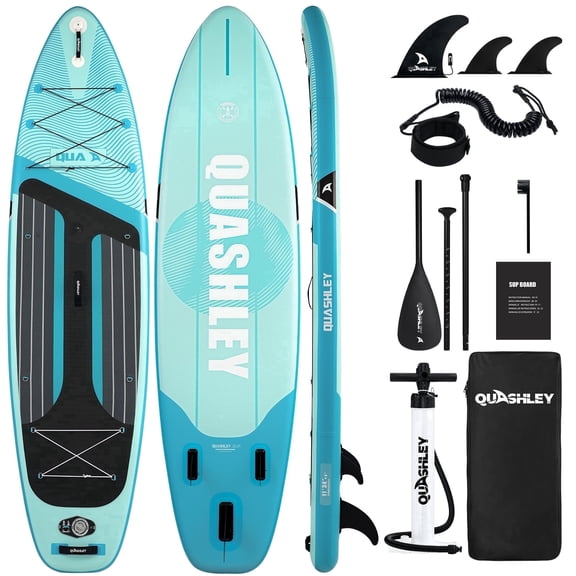 Quashley Inflatable Stand up Paddle Board, 11 ft x 34 inch Wide All-Around SUP Board for Beginners with Paddle, Hand Pump, Backpack and Leash