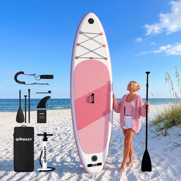 Quashley Pink Inflatable Paddle Board 10'6" x 34" Wide SUP with Paddle, Pump, Backpack & Leash