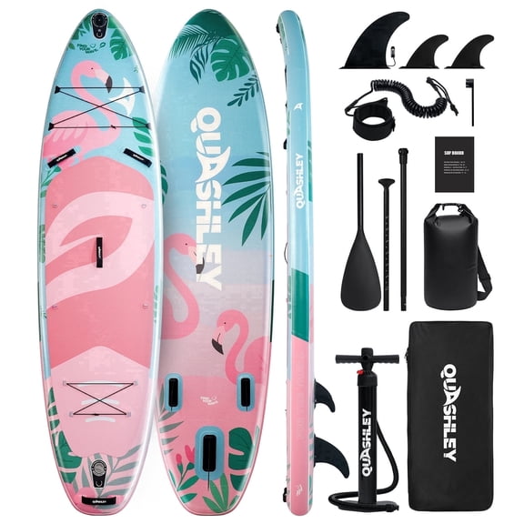 Quashley Pink Inflatable Paddle Board, 11 ft x 34 inch Wide All-Around SUP Board with Paddle, Hand Pump, Backpack and Leash