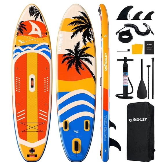 Quashley Wide Inflatable Stand up Paddle Board, 11 ft x 34 inch All-Around SUP Board with Paddle, Hand Pump, Backpack and Leash