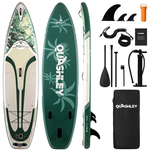 Quashley Wide Inflatable Stand up Paddle Board, 11 ft x 34 inch All-Around SUP Board with Paddle, Hand Pump, Backpack and Leash