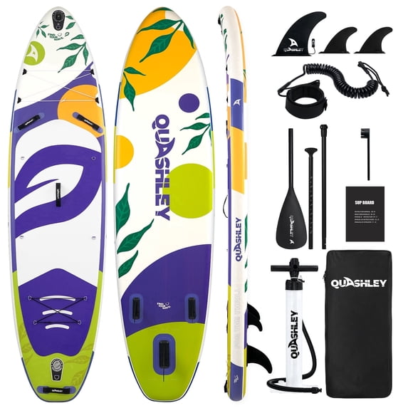 Quashley Wide Inflatable Stand up Paddle Board, 11 ft x 34 inch All-Around SUP Board with Paddle, Hand Pump, Backpack and Leash