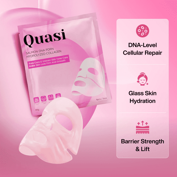 Quasi Salmon PDRN Collagen Face Mask, Korean Gel Sheet Mask for Hydration, Firming & Smoothing, Salmon DNA PDRN, Pore Care, Overnight Hydrogel Mask, 4 Masks